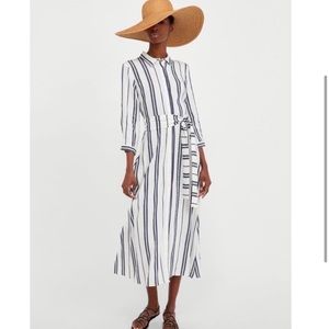 Zara Striped Linen Button Down Midi Dress